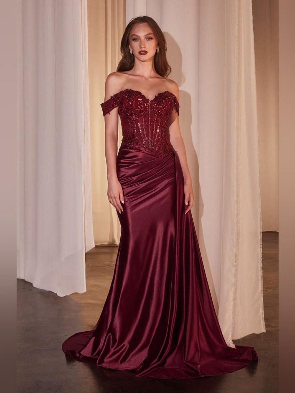 Off-Shoulder Lacr & Satin Fitted Burgundy Evening Gown Ladivine CD803